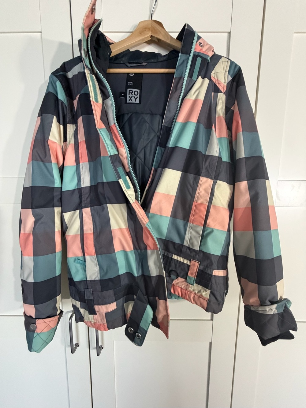 Roxy Girls' Plaid Hooded Puffer Jacket in Mint, Coral, Cream & Charcoal W
